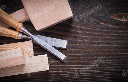 Preview: Lump Hammer Firmer Chisels And Wooden Planks On Brown Hardwood Construction Concept.