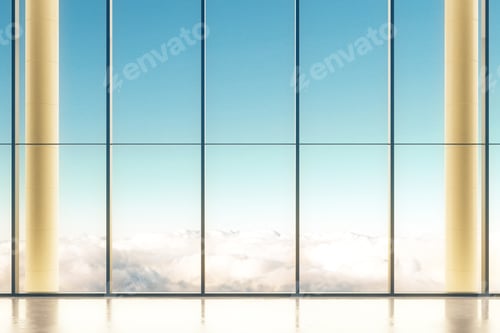 Preview: Interior Design With Large Windows And Blue Sky View. 3D Render