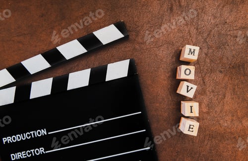 Preview: High Angle View Of Film Slate And Movie Text Letters Message