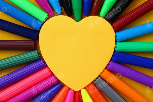 Preview: Sticker In The Shape Of A Heart Surrounded By Multi-Colored Markers. Space For Inscription Or Text.