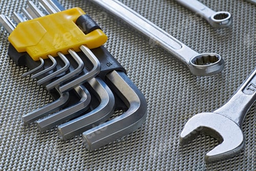 Preview: Closeup Of A Set Of Open-End Wrenches In Hex Keys For Maintenance On A Steel Background.
