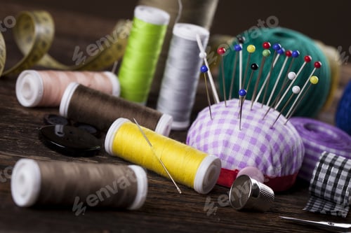 Preview: Sewing Instruments, Threads, Needles, Bobbins And Materials. Studio Photo