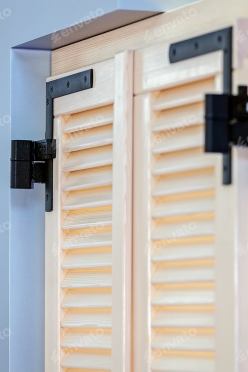Preview: Wooden Blind For Window With Mechanism For Opening; Note Shallow Depth Of Field