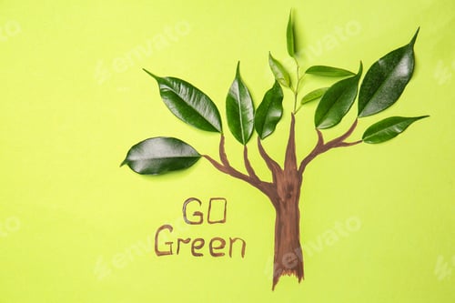 Preview: Drawn Tree With Fresh Leaves And Text Go Green On Color Background