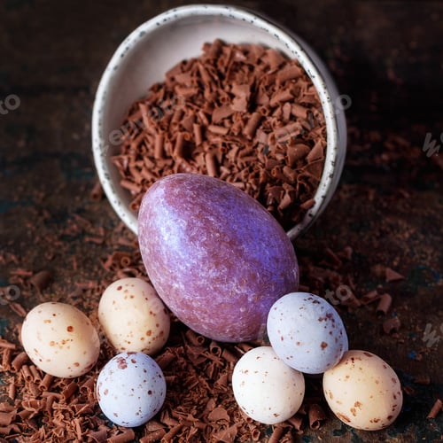 Preview: Traditional Chocolate Colored Easter Eggs Decorated With Chocolate Chips Over Dark Background