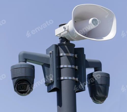 Preview: Safety Ip Cameras And Loud Speaker For Monitoring Against The Blue Sky