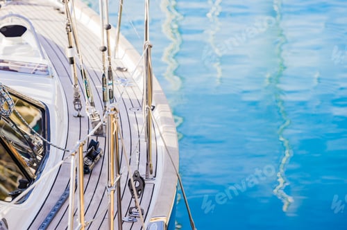 Preview: Luxury Sailing Boat Anchoring At Marina, Detail View Closeup Railing Deck.