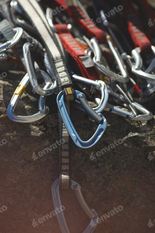 Preview: Climbing Slings Lie On A Rock Closeup. Climbing Gear. Climbing Equipment.
