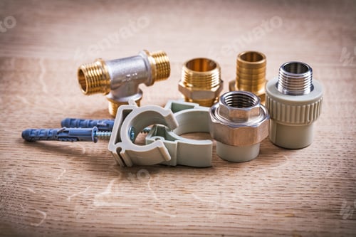 Preview: Connectors For Water Pipie And Fixators On Wooden Board