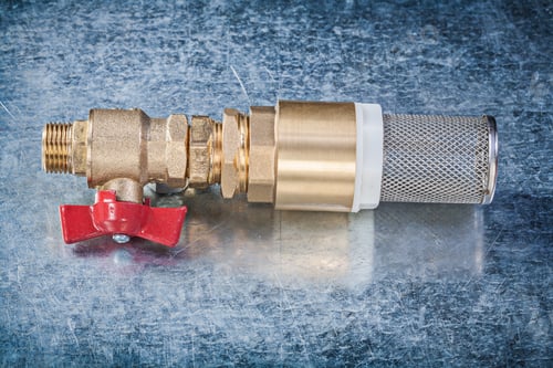 Preview: Water Gate Valve With Strainer Filter On Metallic Background Construction Concept.