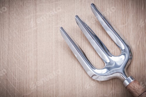 Preview: Stainless Gardening Trowel Fork On Wooden Background Copy Space Image Agriculture Concept.