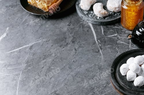 Preview: Variety Of Traditional Greek Sweets Cookies Kourabiedes And Akanes Lukum In Sugar Powder Served