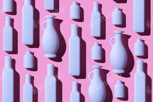 Preview: Colorful Painted Glass Bottles Organized In A Row Over Pink Background