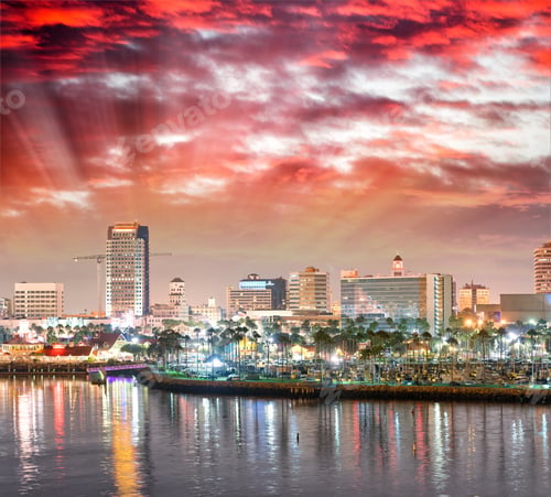 Preview: Long Beach City Skyline At Night, California.