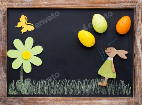 Preview: Spring And Easter Decor. Wooden Symbols Bunny, Flowers And Butterflies.