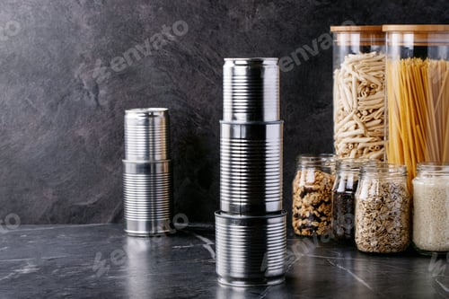 Preview: Canned Food In Metal Cans With Oats, Rice, Tea, And Pasta In Glass Jars Over Dark Texture