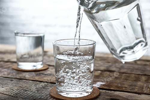 Preview: Pouring Of Fresh Water From Jug Into Glass On Wooden Table