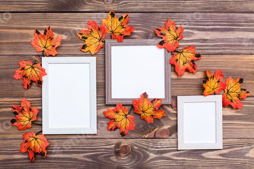 Preview: Ready Mock Up Three Empty Photo Frame On A Brown Wooden Background Surrounded By Orange Maple