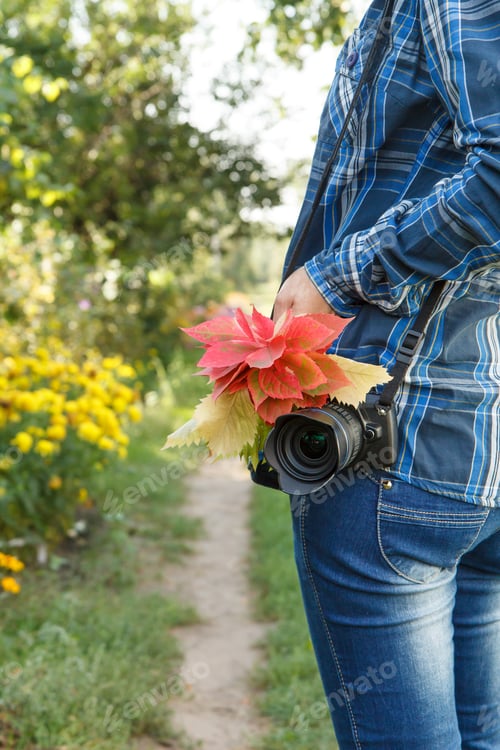 Preview: Woman In Checkered Shirt With Camera Holding Bouquet Of Red Leaves On Rural Road Background