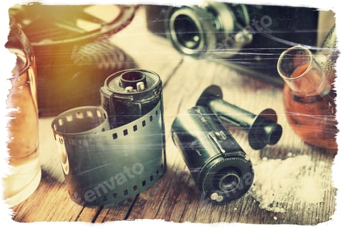 Preview: Old Photo Film Rolls, Cassette, Retro Camera And Chemical Reagents For Photographic Film. Vintage