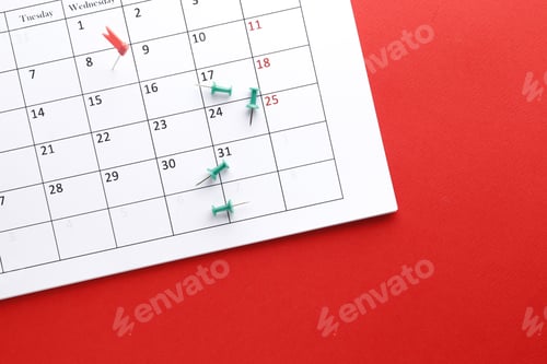 Preview: Planning Calendar With Pins. On A Red Background With Place For Text. Important Date. Place For