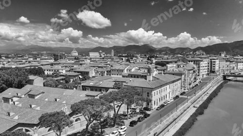 Preview: Aerial View Of Beautiful Lungarni In Pisa. Arno River And Medieval Buildings, Tuscany.