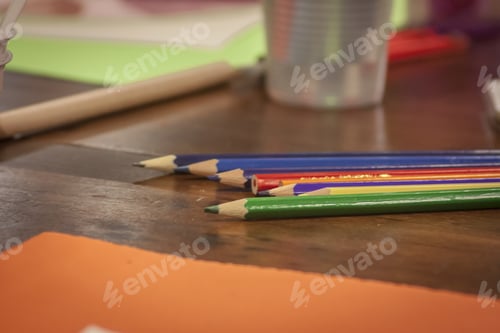Preview: Colorful Wooden Pencils Leaning Over A Drawing Board In A Classroom Of A Design School.