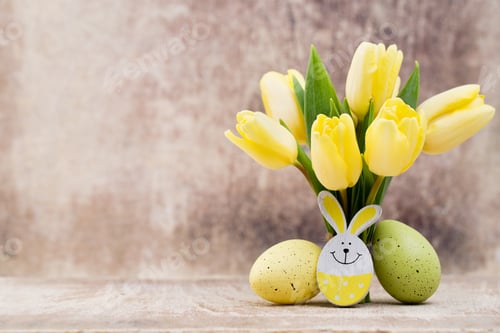 Preview: Spring Decor, Yellow Tulips With Easter Eggs.