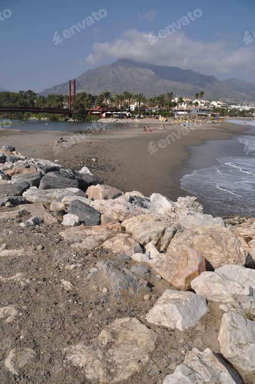 Preview: Puerto Banus Beach And Bridge From Stone Pier In Marbella, Spain