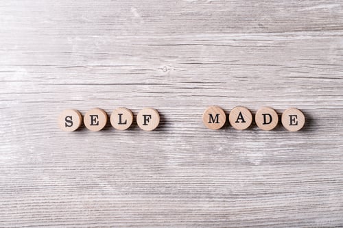 Preview: Word "Self Made" Made From Wooden Letters Over Gray Wooden Background. Top View, Flat Lay. Copy