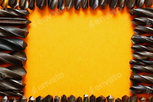 Preview: Many Drills Form A Frame For Placing An Inscription Or Text On A Trendy Yellow Background.