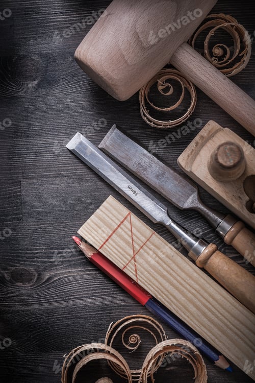 Preview: Firmer Chisels Planer Wood Shavings Pencil Wooden Plank Mallet.
