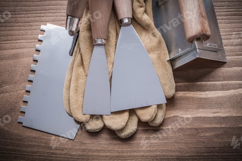 Preview: Two Paint Scrapers Putty Knifes Working Gloves Angle Former.