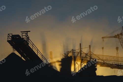 Preview: Silhouettes Constructions Of Stone Crushing Equipment At A Mining Enterprise In A Cloud Of Dusty