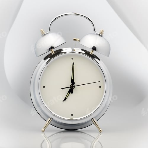 Preview: Gray Metallic Alarm Clock With Two Bells On A Gray Gradient Background. The Arrows Indicate Seven