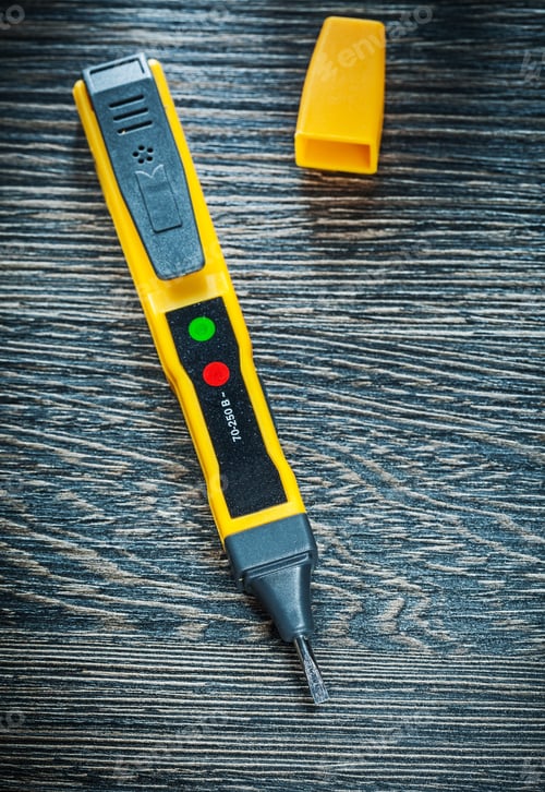 Preview: Electric Tester On Wooden Board Top View Electricity Concept.