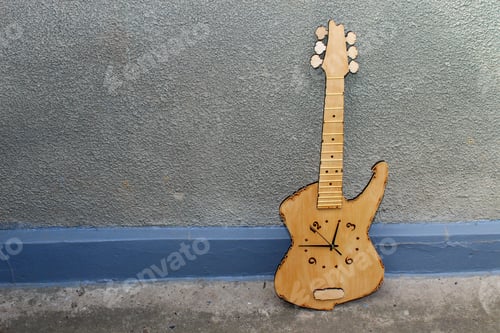 Preview: Decorative Wooden Clock-Shaped Guitar, Abstract Toned Background
