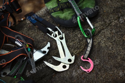 Preview: Rock Climbing Gear Lies On A Stone, Close-Up.