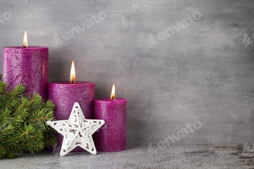 Preview: Three Purple Candles On Gray Background, Christmas Decoration. Advent Mood.