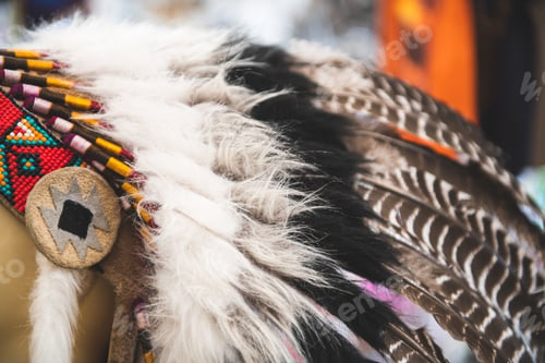 Preview: Detail Of Traditional Ceremonial Native American Feathered Headgear Called Warbonnet