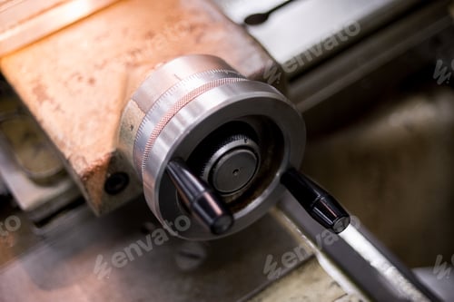 Preview: Old Metal Working Machine, Retro Lathe On Background.