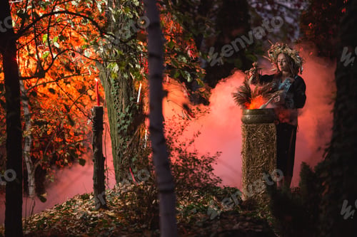Preview: Woman Sitting In Burning Pentagram Circle, Magic