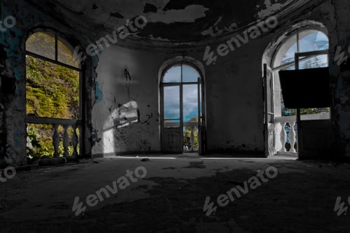 Preview: Three Windows In An Empty Room, Behind The Windows Of A Cloud Plant, One Closed Tightly. Symbolic