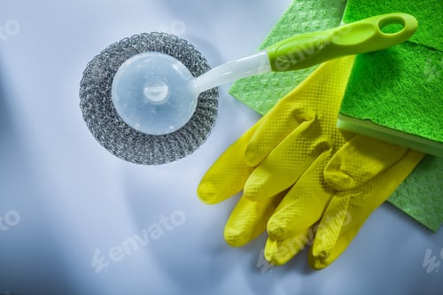 Preview: Cleaning Metallic Brush Washcloth Sponge Safety Gloves On White Surface.