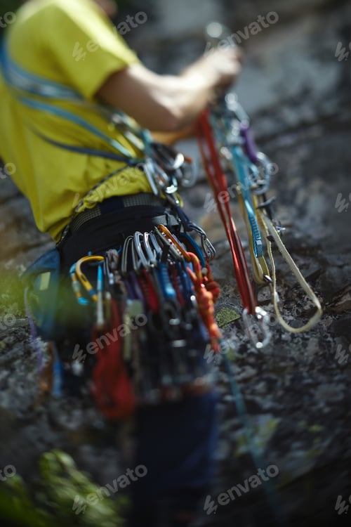 Preview: Climbing Equipment On The Belt Climber, Abstract Blurred Image, Close-Up.