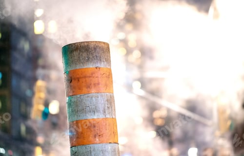 Preview: Steam Pipe On The Street In Manhattan At Night In Winter, New York City.