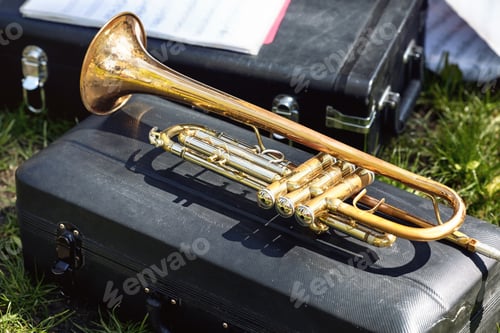 Preview: A Close-Up Of A Brass Cornet Or Trumpet Lies On A Boot In A City Park After A Brass Band