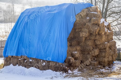 Preview: Large Stack Of Straw Bales In Winter Time. Pile Of Straw Stack.
