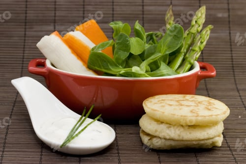 Preview: A Set Of Appetizer With Salad, Tzatziki, Surimi And Asparagus