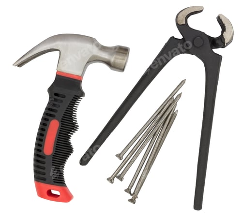 Preview: Pliers Hammer And Nails, Elevated View On White Background
